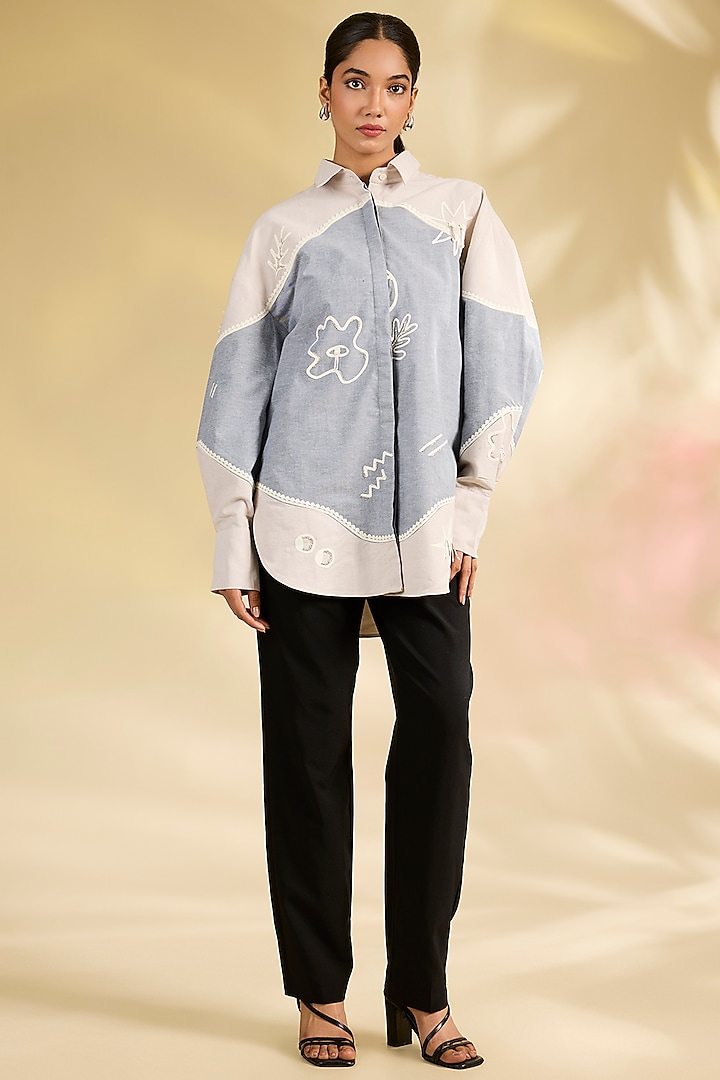 Blue & Ivory Shirting Laser-Cut Applique Hand Embroidered Shirt by Sahil Kochhar at Pernia's Pop Up Shop