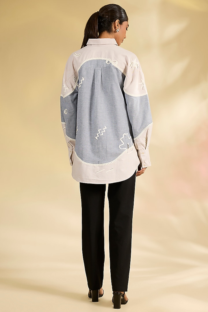 Blue & Ivory Shirting Laser-Cut Applique Hand Embroidered Shirt by Sahil Kochhar at Pernia's Pop Up Shop
