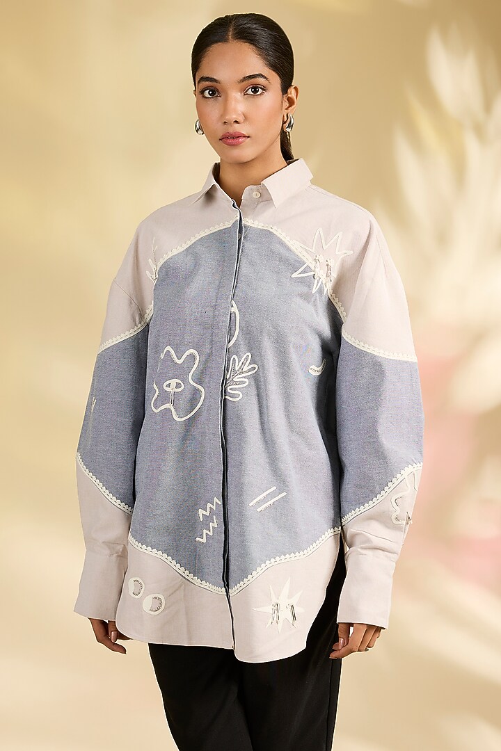 Blue & Ivory Shirting Laser-Cut Applique Hand Embroidered Shirt by Sahil Kochhar at Pernia's Pop Up Shop