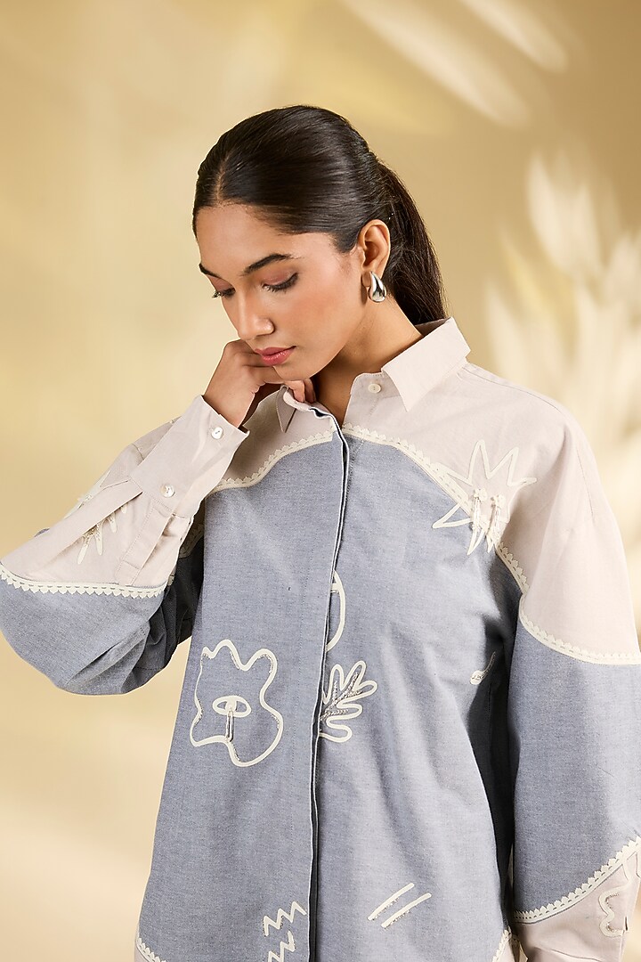 Blue & Ivory Shirting Laser-Cut Applique Hand Embroidered Shirt by Sahil Kochhar at Pernia's Pop Up Shop