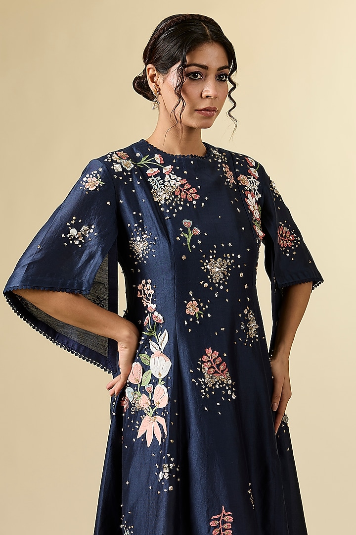 Blue Chanderi Hand Embroidered Tunic by Sahil Kochhar at Pernia's Pop Up Shop