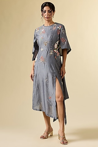 Grey Chanderi Hand Embroidered Tunic by Sahil Kochhar