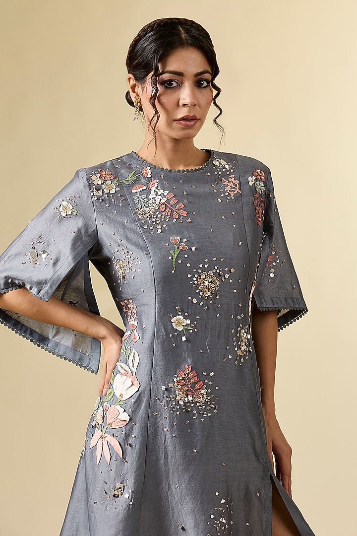 Grey Chanderi Hand Embroidered Tunic by Sahil Kochhar at Pernia's Pop Up Shop