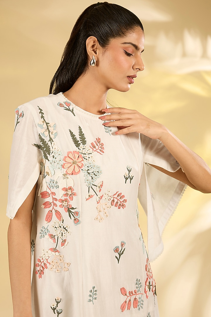 Ivory Chanderi Applique & Floral Hand Embroidered Tunic by Sahil Kochhar at Pernia's Pop Up Shop