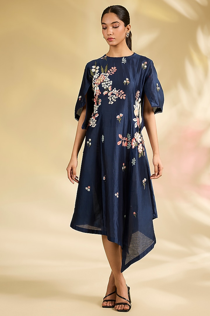 Blue Chanderi Laser-Cut Applique Embroidered Tunic by Sahil Kochhar at Pernia's Pop Up Shop