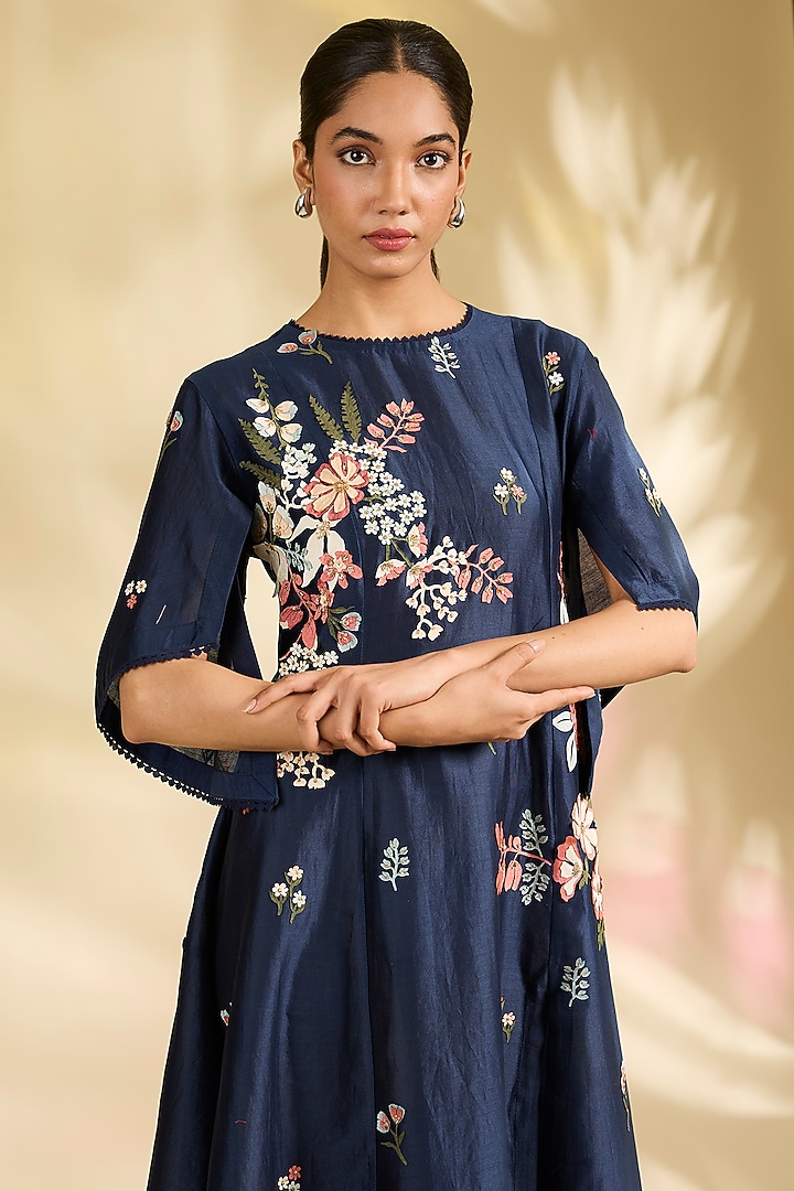 Blue Chanderi Laser-Cut Applique Embroidered Tunic by Sahil Kochhar at Pernia's Pop Up Shop