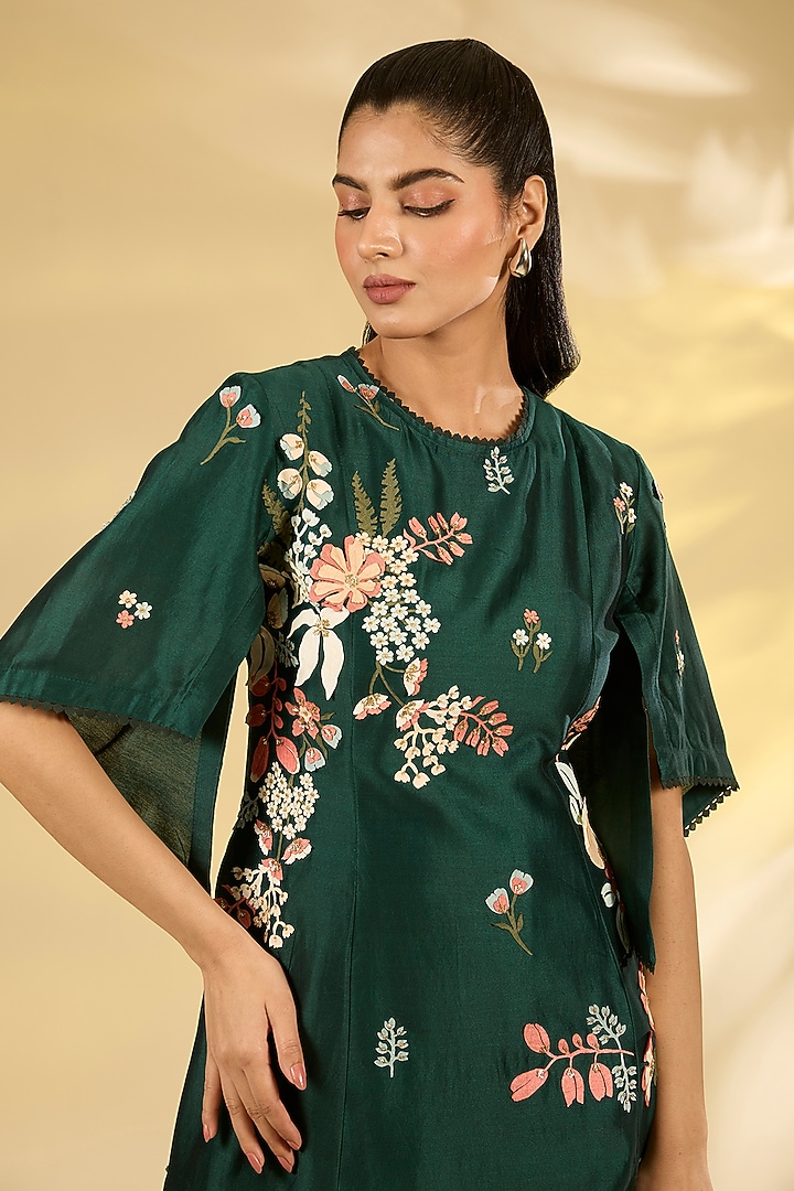 Green Chanderi Applique & Floral Hand Embroidered Tunic by Sahil Kochhar at Pernia's Pop Up Shop