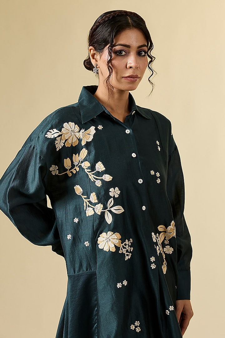 Green Chanderi Floral Embroidered Tunic by Sahil Kochhar at Pernia's Pop Up Shop