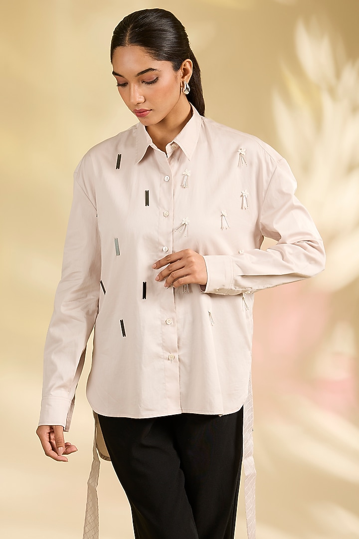 Ivory Shirting Laser-Cut Applique Hand Embroidered Shirt by Sahil Kochhar at Pernia's Pop Up Shop