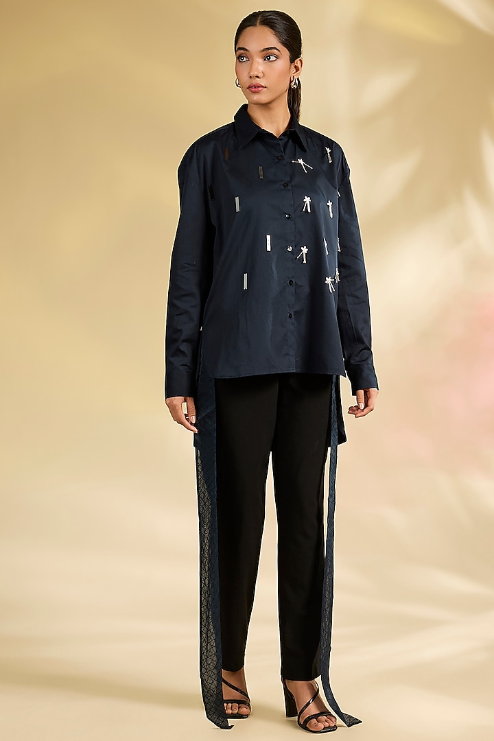 Blue Shirting Laser-Cut Applique Hand Embroidered Shirt by Sahil Kochhar at Pernia's Pop Up Shop