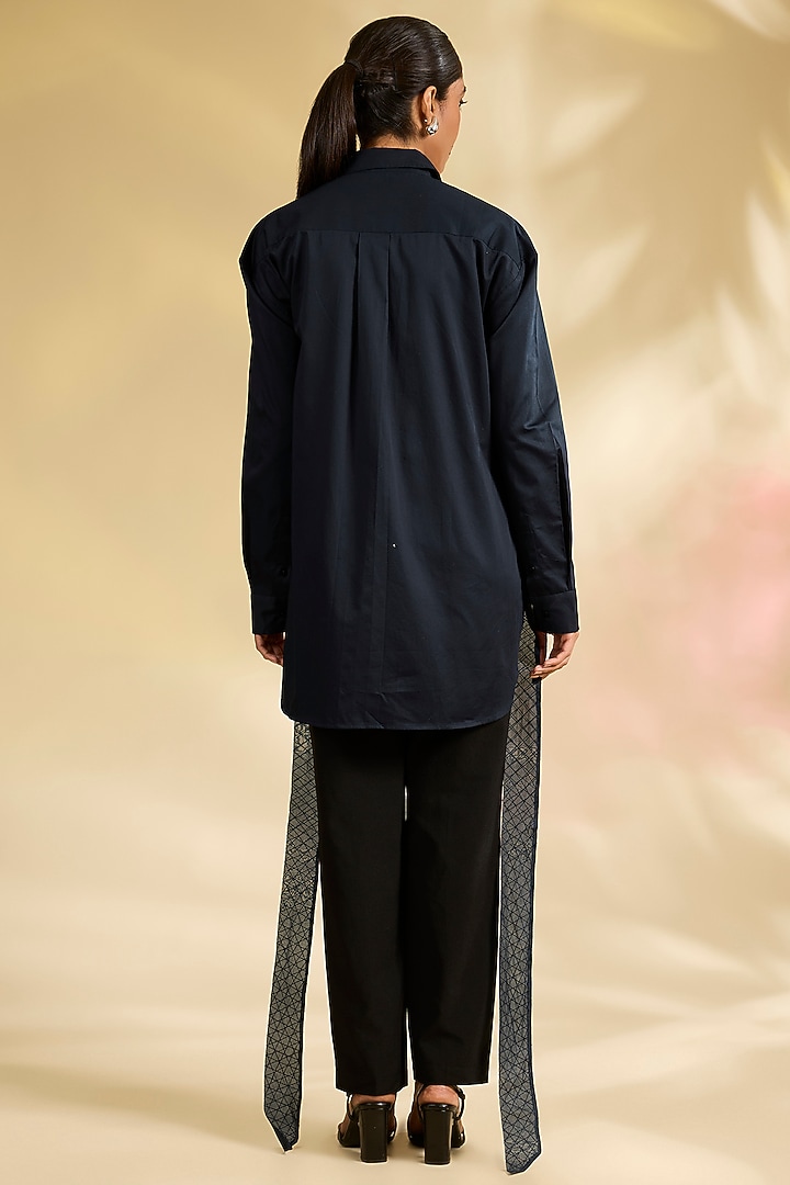Blue Shirting Laser-Cut Applique Hand Embroidered Shirt by Sahil Kochhar at Pernia's Pop Up Shop