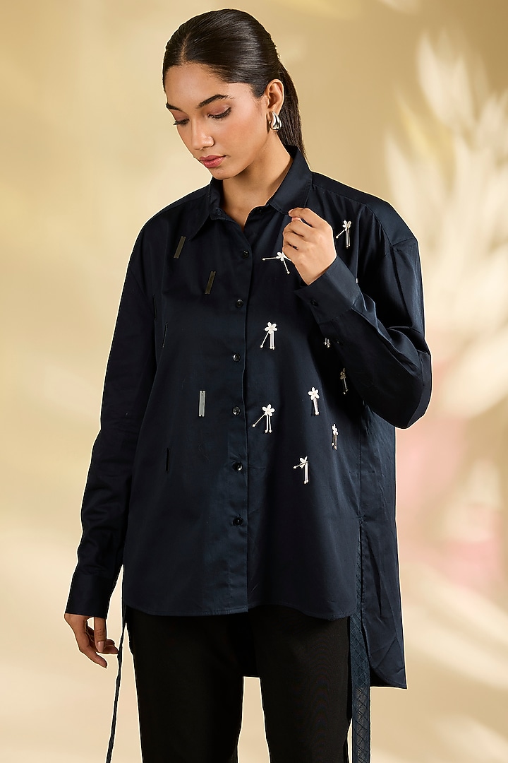 Blue Shirting Laser-Cut Applique Hand Embroidered Shirt by Sahil Kochhar at Pernia's Pop Up Shop