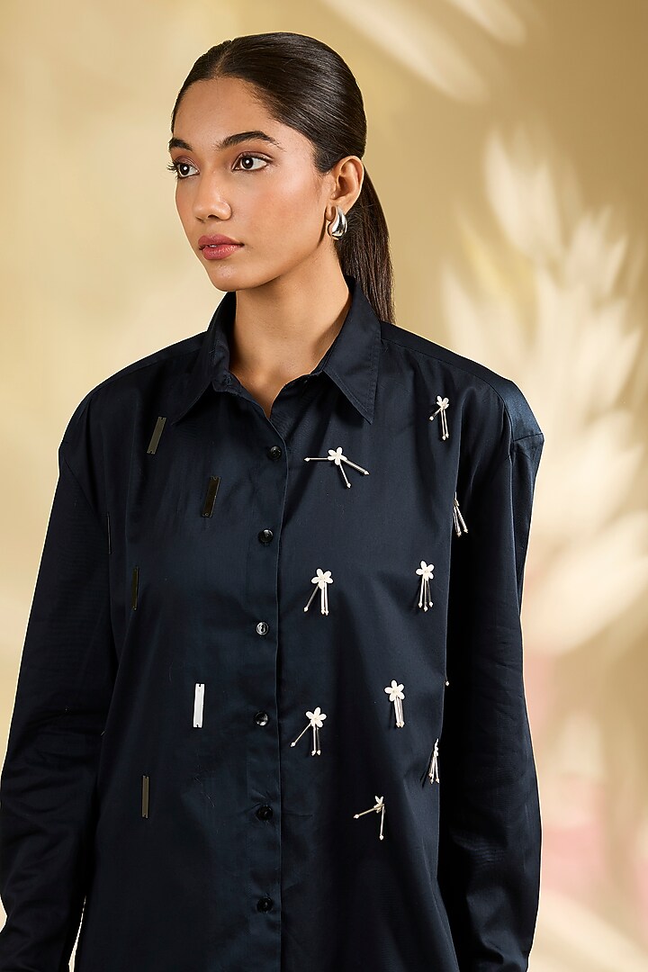 Blue Shirting Laser-Cut Applique Hand Embroidered Shirt by Sahil Kochhar at Pernia's Pop Up Shop