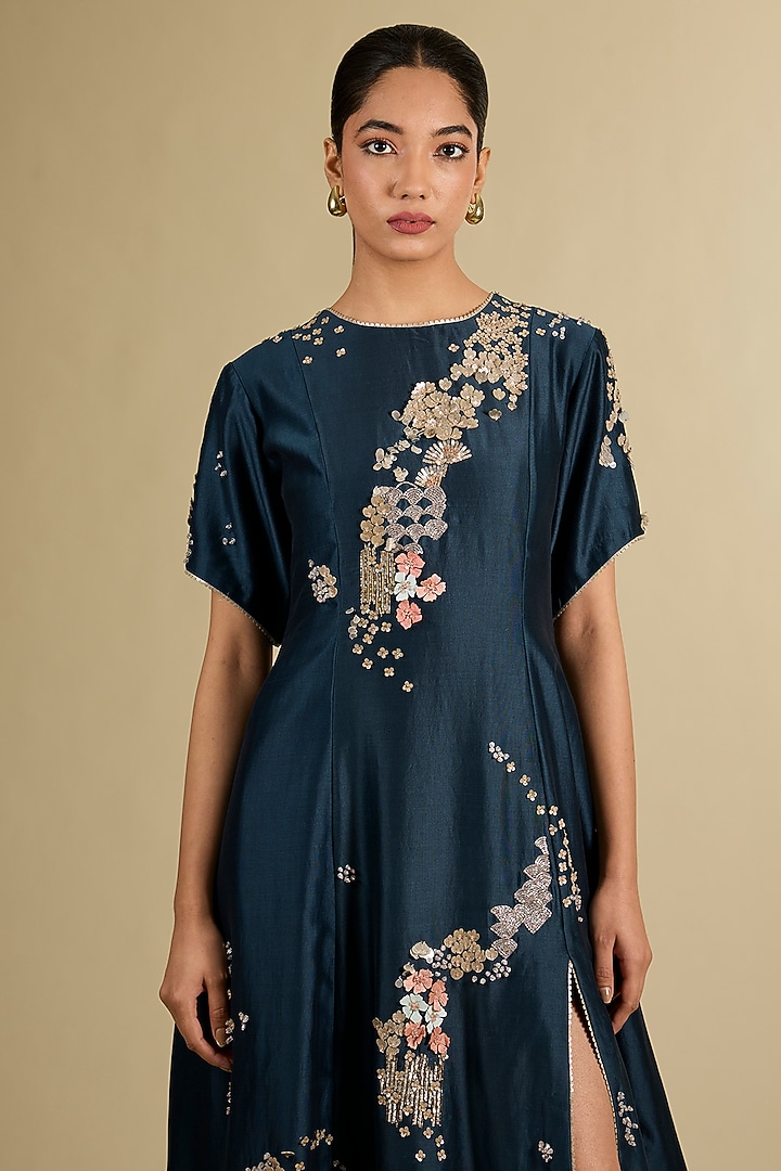 Blue Chanderi Hand Embroidered Tunic by Sahil Kochhar at Pernia's Pop Up Shop