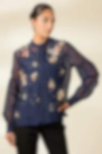 Blue Organza Applique Work Tunic by Sahil Kochhar at Pernia's Pop Up Shop