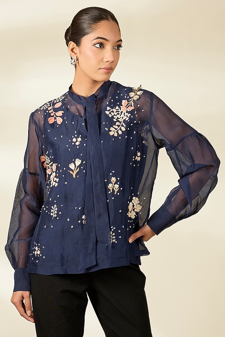 Blue Organza Applique Work Tunic by Sahil Kochhar at Pernia's Pop Up Shop