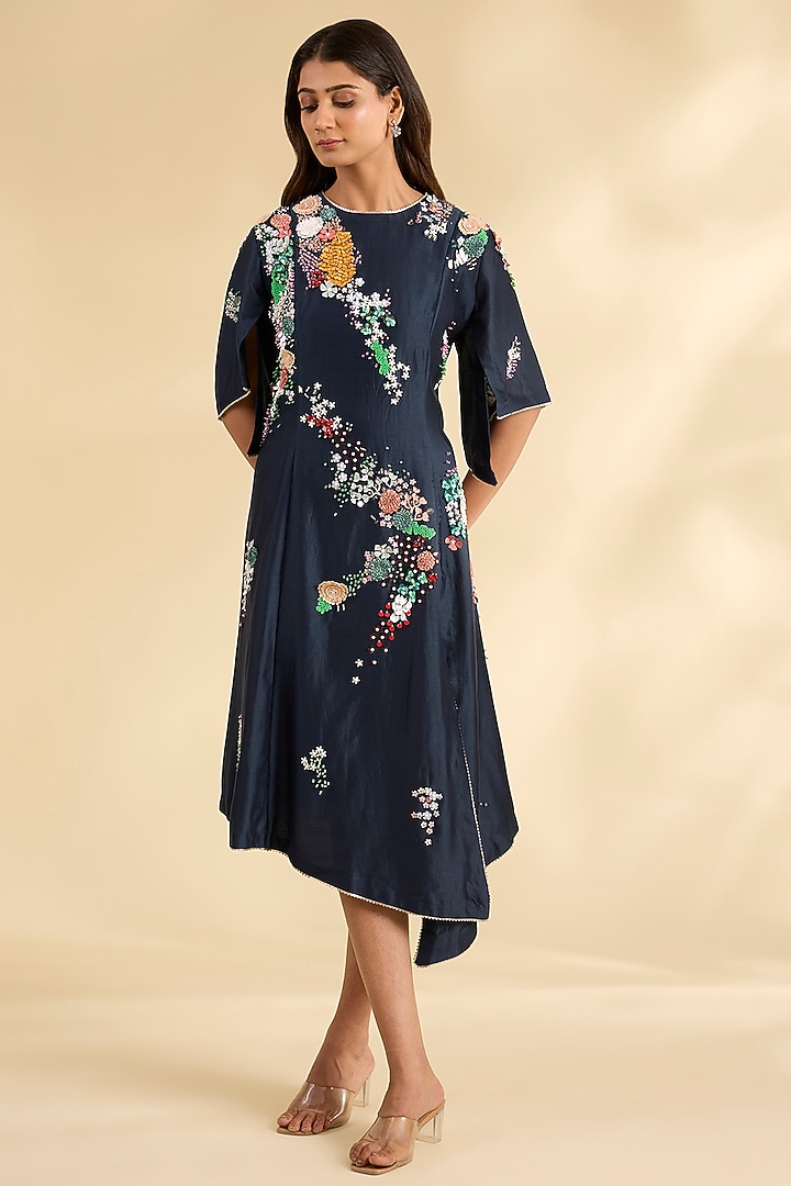 Blue Chanderi Laser-Cut Applique Work Tunic by Sahil Kochhar at Pernia's Pop Up Shop