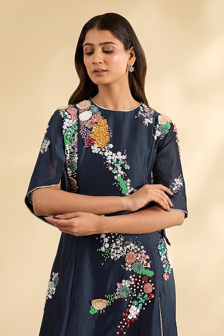 Blue Chanderi Laser-Cut Applique Work Tunic by Sahil Kochhar at Pernia's Pop Up Shop