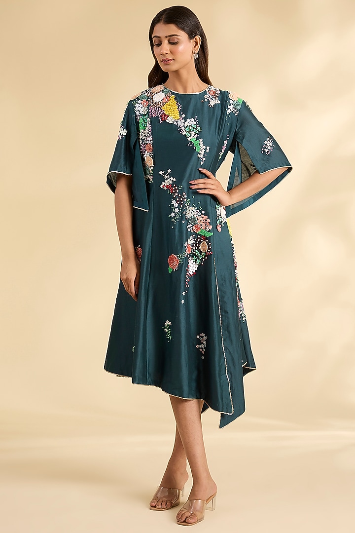 Blue Chanderi Laser-Cut Applique Work Tunic by Sahil Kochhar at Pernia's Pop Up Shop