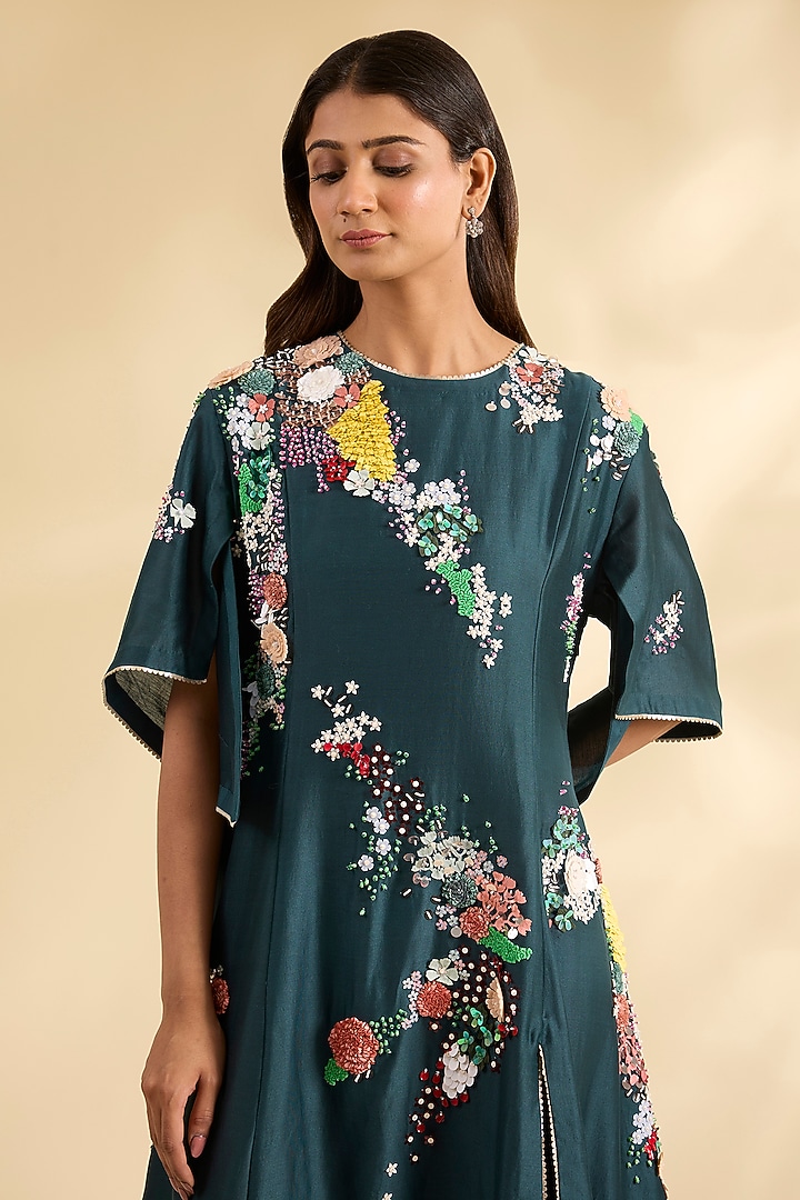 Blue Chanderi Laser-Cut Applique Work Tunic by Sahil Kochhar at Pernia's Pop Up Shop