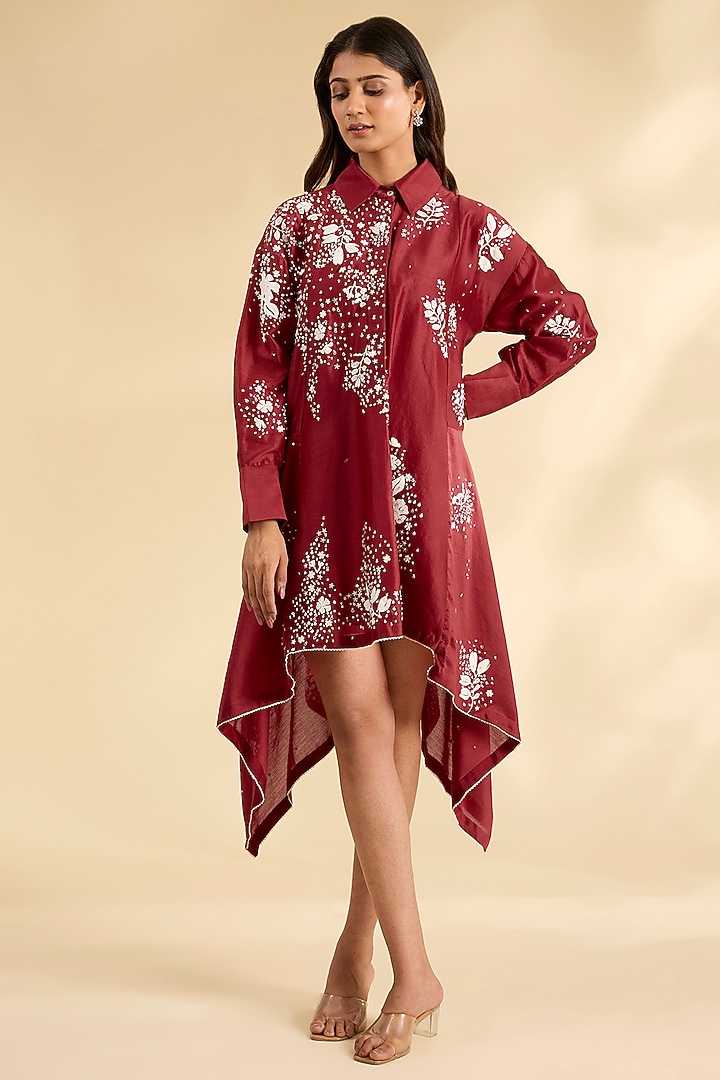 Red Chanderi Laser-Cut Applique Work Tunic by Sahil Kochhar at Pernia's Pop Up Shop