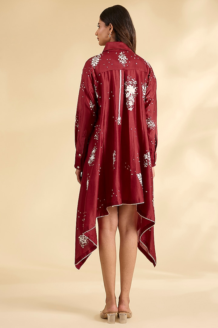 Red Chanderi Laser-Cut Applique Work Tunic by Sahil Kochhar at Pernia's Pop Up Shop
