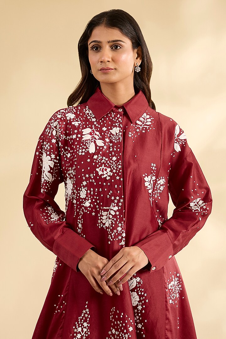 Red Chanderi Laser-Cut Applique Work Tunic by Sahil Kochhar at Pernia's Pop Up Shop