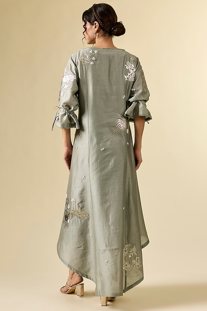 Grey Chanderi Applique Embroidered Tunic by Sahil Kochhar at Pernia's Pop Up Shop