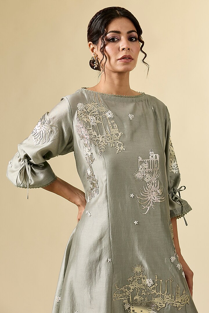 Grey Chanderi Applique Embroidered Tunic by Sahil Kochhar at Pernia's Pop Up Shop