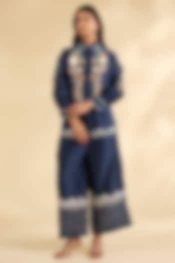 Blue Chanderi Hand Embroidered Tunic Set by Sahil Kochhar at Pernia's Pop Up Shop