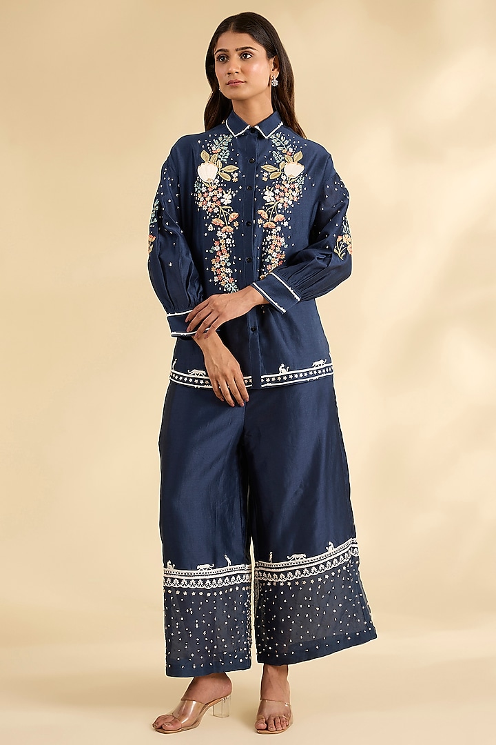 Blue Chanderi Hand Embroidered Tunic Set by Sahil Kochhar at Pernia's Pop Up Shop