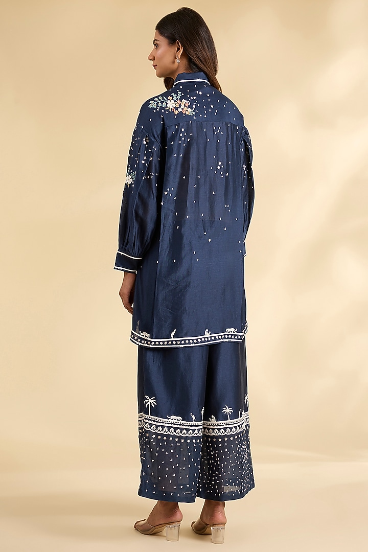 Blue Chanderi Hand Embroidered Tunic Set by Sahil Kochhar at Pernia's Pop Up Shop