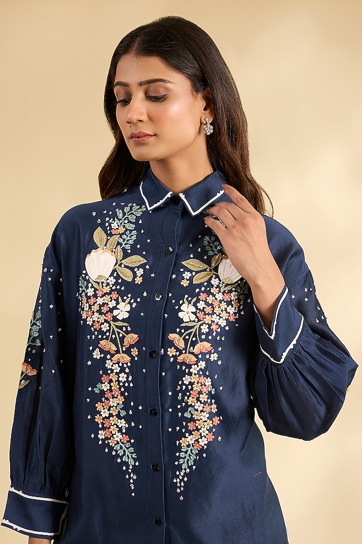 Blue Chanderi Hand Embroidered Tunic Set by Sahil Kochhar at Pernia's Pop Up Shop