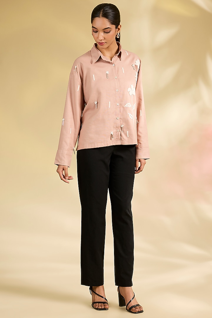 Peach Shirting Hand Embroidered Shirt by Sahil Kochhar at Pernia's Pop Up Shop