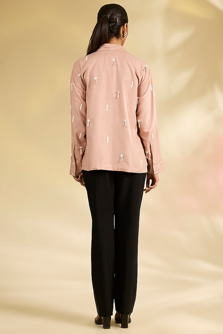 Peach Shirting Hand Embroidered Shirt by Sahil Kochhar at Pernia's Pop Up Shop