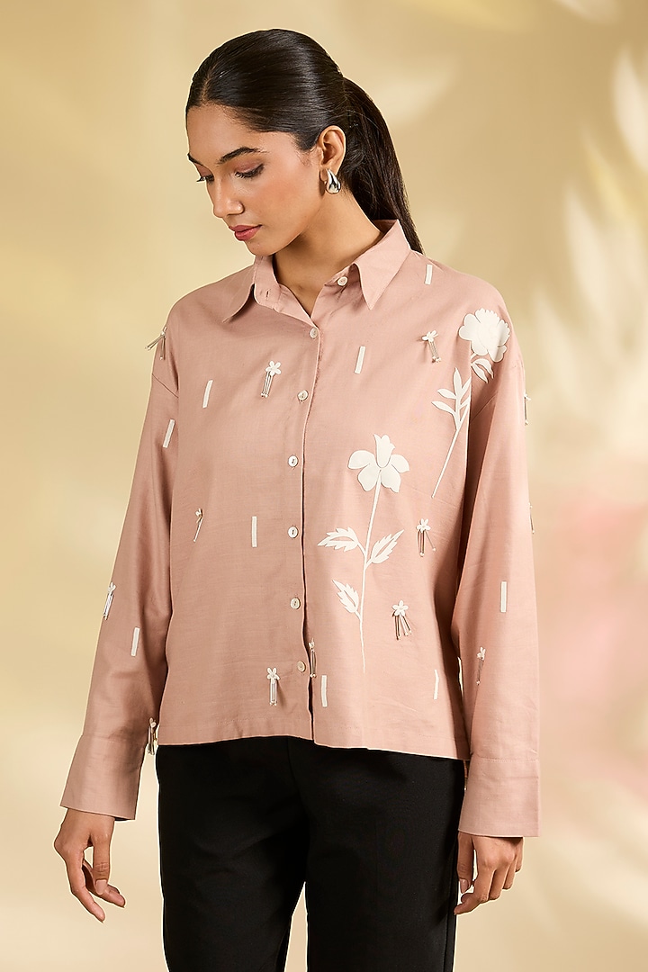 Peach Shirting Hand Embroidered Shirt by Sahil Kochhar at Pernia's Pop Up Shop