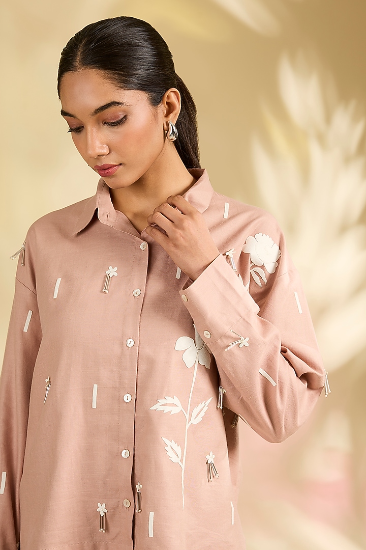Peach Shirting Hand Embroidered Shirt by Sahil Kochhar at Pernia's Pop Up Shop