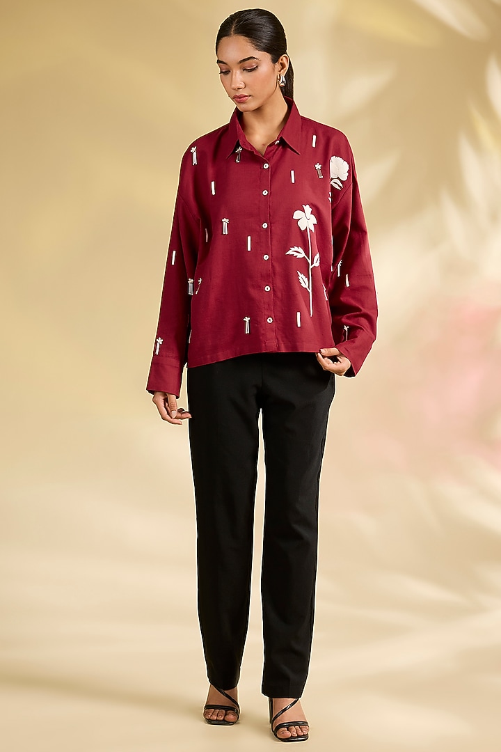 Red Shirting Hand Embroidered Shirt by Sahil Kochhar at Pernia's Pop Up Shop