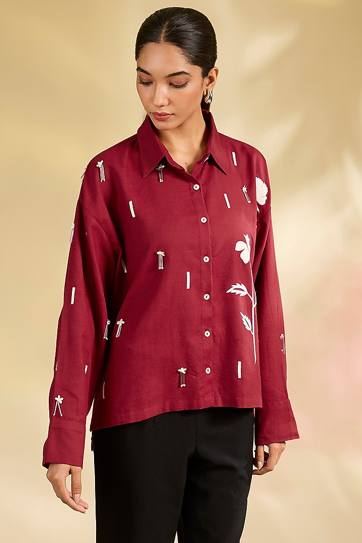 Red Shirting Hand Embroidered Shirt by Sahil Kochhar at Pernia's Pop Up Shop