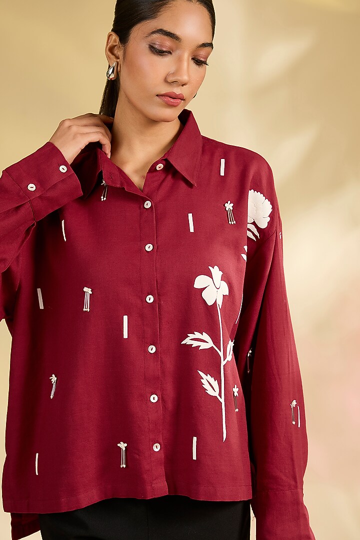 Red Shirting Hand Embroidered Shirt by Sahil Kochhar at Pernia's Pop Up Shop