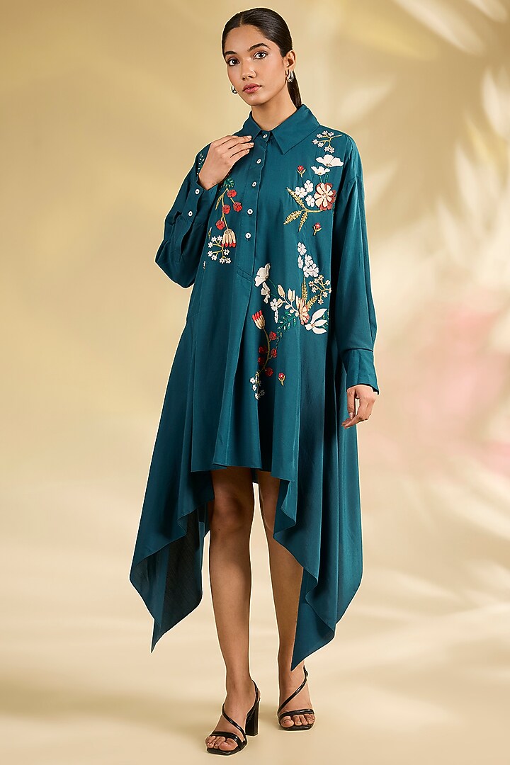 Blue Chanderi Laser-Cut Applique Embroidered Tunic by Sahil Kochhar at Pernia's Pop Up Shop