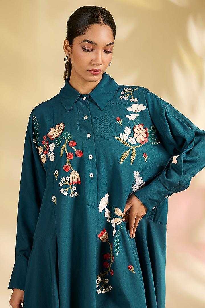 Blue Chanderi Laser-Cut Applique Embroidered Tunic by Sahil Kochhar at Pernia's Pop Up Shop