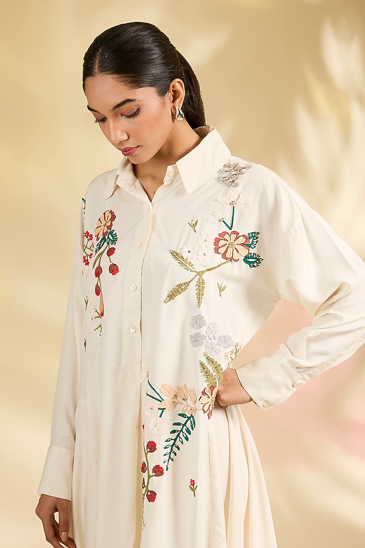 Ivory Chanderi Laser-Cut Applique Embroidered Tunic by Sahil Kochhar at Pernia's Pop Up Shop