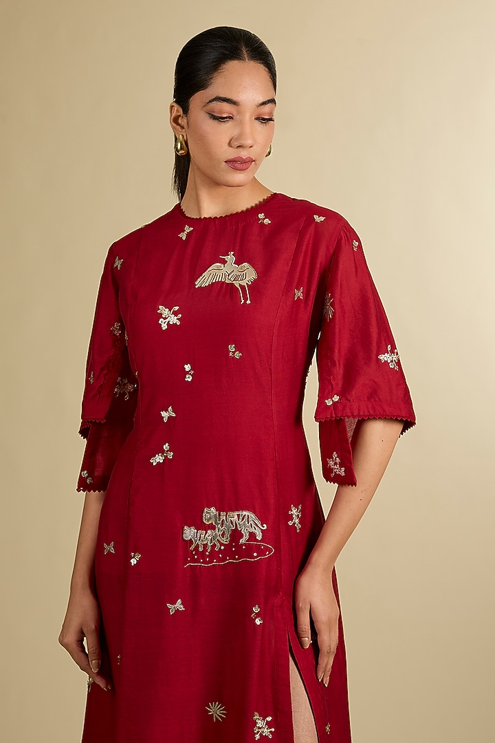 Red Chanderi Applique Hand Embroidered Kurta by Sahil Kochhar at Pernia's Pop Up Shop