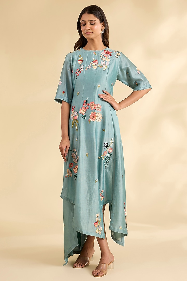 Blue Chanderi Laser-Cut Applique Work Tunic by Sahil Kochhar at Pernia's Pop Up Shop
