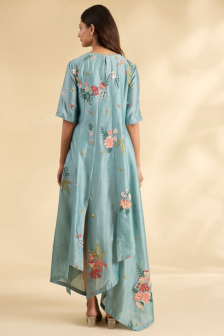 Blue Chanderi Laser-Cut Applique Work Tunic by Sahil Kochhar at Pernia's Pop Up Shop