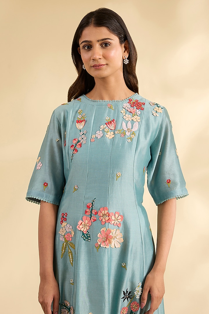 Blue Chanderi Laser-Cut Applique Work Tunic by Sahil Kochhar at Pernia's Pop Up Shop