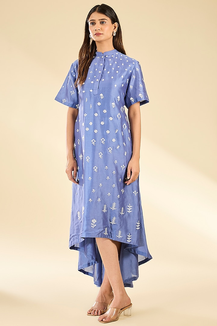 Blue Soft Rayon Applique Tunic by Sahil Kochhar at Pernia's Pop Up Shop