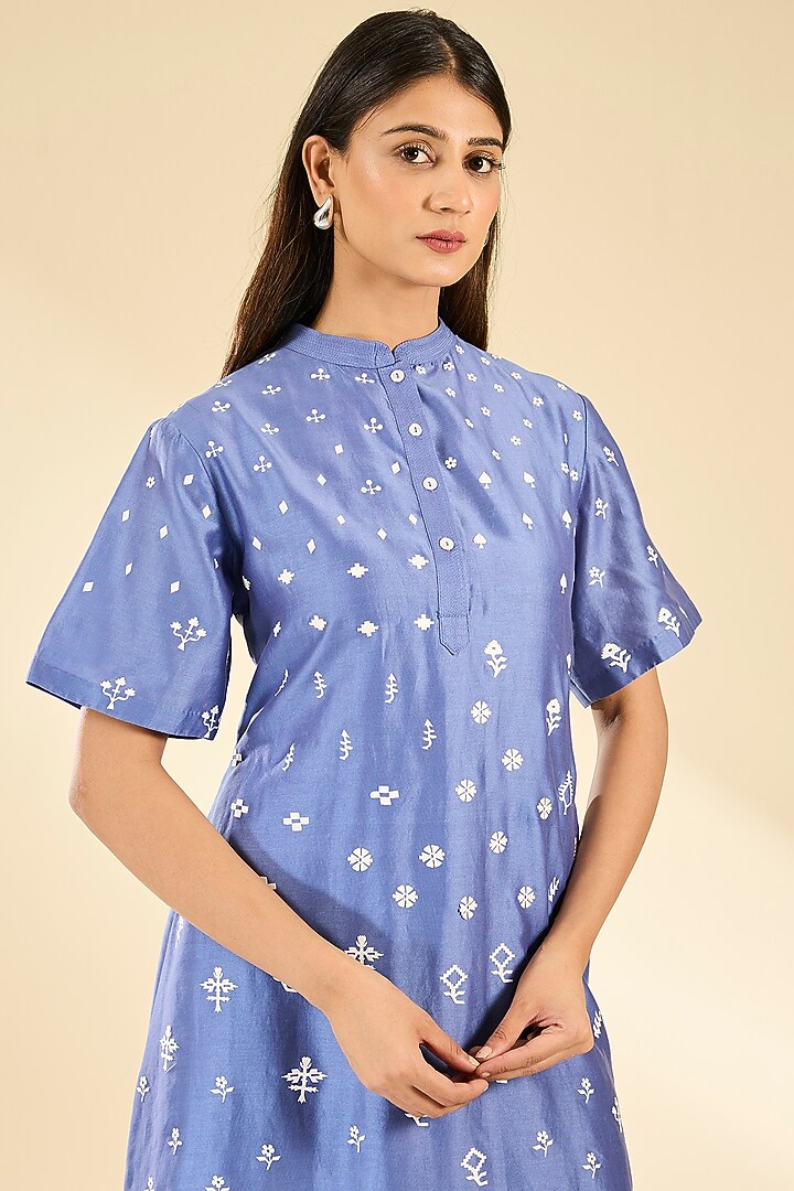 Blue Soft Rayon Applique Tunic by Sahil Kochhar at Pernia's Pop Up Shop