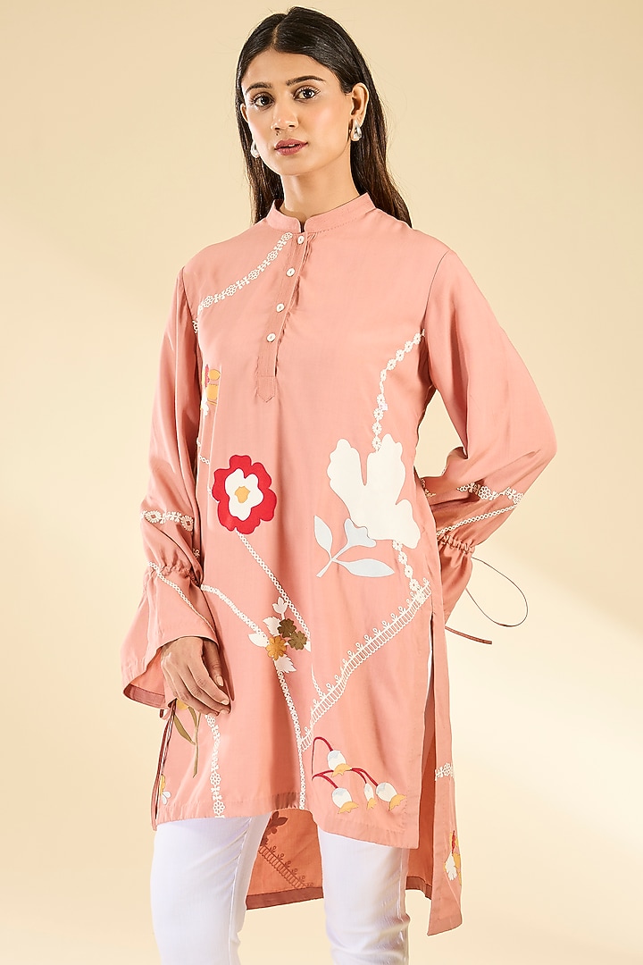 Pink Soft Rayon Applique Tunic by Sahil Kochhar at Pernia's Pop Up Shop